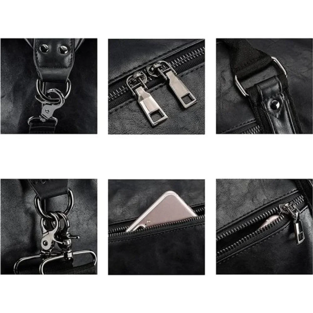 Men's Duffle Leather Travel Bag with Shoe Pouch Black